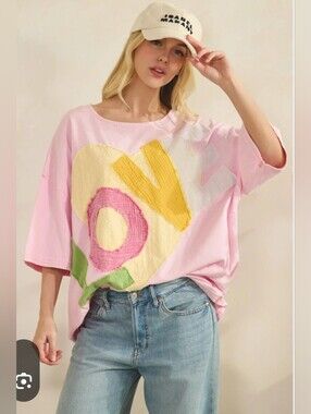 NWT Sage + Fig Oversized Small Graphic Tee with 'LOVE' Heart Patchwork